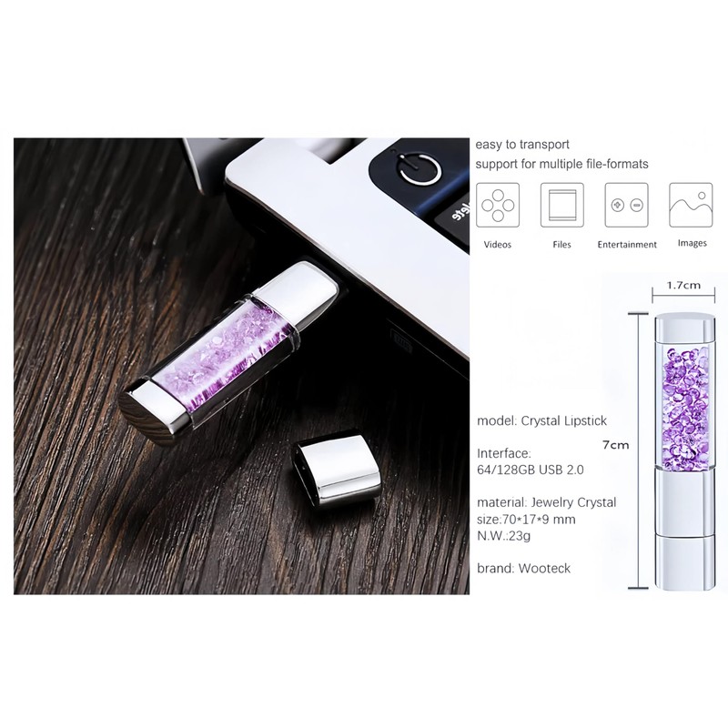 WooTeck 128GB Jewelry Crystal Lipstick USB Flash Drive,High Speed Memory