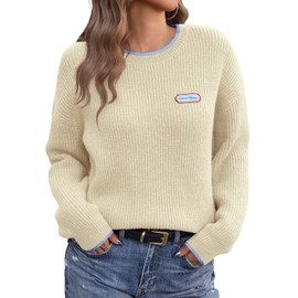 Saodimallsu Womens Fall Knit Sweaters Casual Long Sleeve Crewneck Good Vibe Loose Pullover Sweater Tops Beige