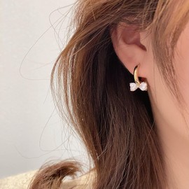 Women's Hypoallergenic Bow Earrings Gold Plated Huggie Hoop Earrings for Sensitive Ears∣Dainty Small Bow Stud & Dangle Drop Design∣Cute Ribbon Crystal Rhinestone Jewelry Gift for Her(Coquette Style)