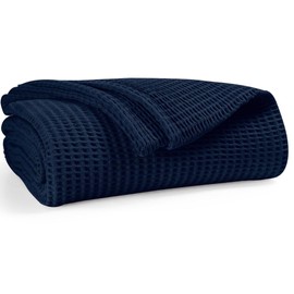 DESTIN HOME Prewashed Waffle Bed Blanket 100% Combed Cotton - Soft, Breathable, Lightweight, All-Season Blanket for Bed Couch Sofa - King Size 90x102 Inch Cozy Layering Throw Blanket Navy Blue