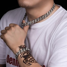 IDRUPACE Miami Mens Cuban Link Chain Silver Gold Plated Bling Cuban Necklace Diamond Chain for Men 13MM iced out chain Hip Hop Jewelry，8.5/18/20/24 Inch Length-With metal gift box., 20.0 Inches, Gold