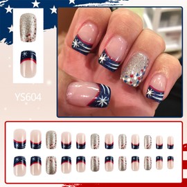Independence Press on Nails Short French Fake Nails Star Polka Dot Red White Stripes Glitter Design French Tip False Nails Press On Nail Cute Nails Tips 4th of July Nails, for Women Finger Manicure