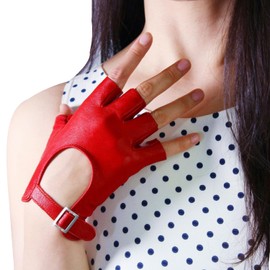 DooWay Red Fingerless Gloves Women Genuine Leather Driving Gloves Half Finger Imported Sheepskin Leather Fitness Motorcycle Cycling Open Back Unlined