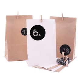 Adventskalender zum Befüllen Modern 24 Kraftpapiertüten weiß braun Geschenktüten Weihnachten, Weihnachtskalender Bastelset inkl. Zahlensticker, Schnur und Klammern von pajoma
