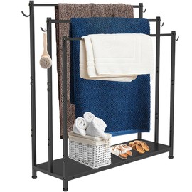 AnBaiMei Extra Large Free Standing Towel Rack with Metal Storage Shelf & 6 Hooks for Bathroom, 3 Tiers Heavy Duty Blanket Drying Stand Holder for Outdoor Pool, Bedroom, Living Room, Black