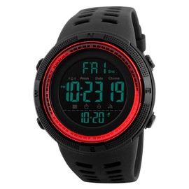TONSHEN Men's Digital Sports Watch Waterproof 50M 164FT LED Electronic Display Outdoor 12H/24H Time Military Watch Backlight 100/1 Stopwatch Calendar Date Plastic Watch with Rubber Strap (Red)