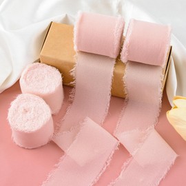 WANDIC 3 Rolls Chiffon Ribbon Fringe, White Frayed Edges Ribbon Silk-Like Ribbon Fringe Edges Ribbon for Gift Bouquet Wrapping Wedding Festival Decor DIY Craft（White (Bare pink, 4pcs-3.8cm)