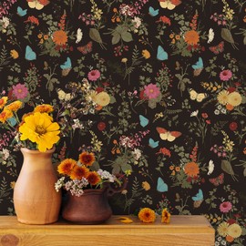 VEELIKE Vintage Dark Butterflies Marigolds Floral Wallpaper 17.7''x354'' Black Floral Peel and Stick Wallpaper Mural Removable Self Adhesive Decorative Contact Paper for Bathroom Bedroom Walls Cabinet