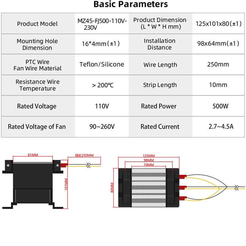 PTC Car Fan Heater 110V 500W Electric Ceramic Element Energy