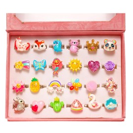 PinkSheep Little Girl Jewel Rings in Heart Box, Adjustable, Girl Gift Pretend Play and Dress Up Rings