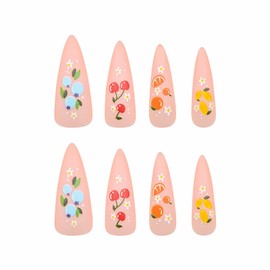 MISUD Stiletto Press on Nails Long Fake Nails Matte Glue on Nails Pink Acrylic Nail Supplies Almond Artificial Nail Art Summer Fruit Stick on False Nails with Design DIY 24 pcs