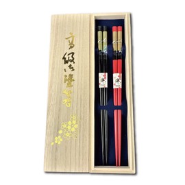 Premium Japanese Chopsticks Reusable 2prs Set [ Made in Japan ] Traditional Lacquer Art Wooden Chopsticks A (Golden Crane BK/RD(2KR001))
