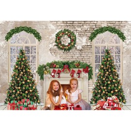 Baocicco 7x5ft Christmas Fireplace Backdrop Christmas Trees Red Socks Gifts Vintage Wall Backdrop for Photography Merry Xmas Family Winter Holiday New Year Party Decor Banner Photo Booth Props