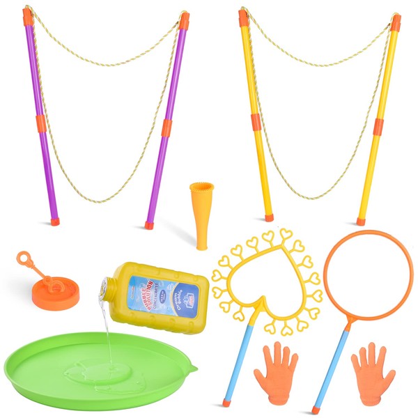 FUN LITTLE TOYS 10Packs Giant Bubble Wands Set with 17oz Bubble Solution, Catchable Big Bubble Wands with Tray Bulk for Kids Adults, Funny Bubble Maker for Summer Outdoor Activity, Easter Party Favors