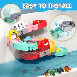 Bath Toys for Kids Ages 1-3 4-8, Dinosaur Theme DIY Water Slides Tracks Toddler Bath Toys with 6 Dino Mini Toys, Wall Track Building Set, Fun DIY Kit Bathtub Time Birthday Gift 2 3 4 5 Boys Girls