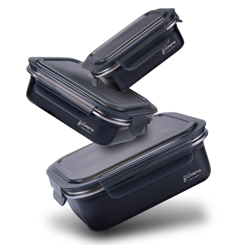 yilmera Design Aufbewahrungsbehälter Set, 3-teilig, Luftdicht, Schwarz