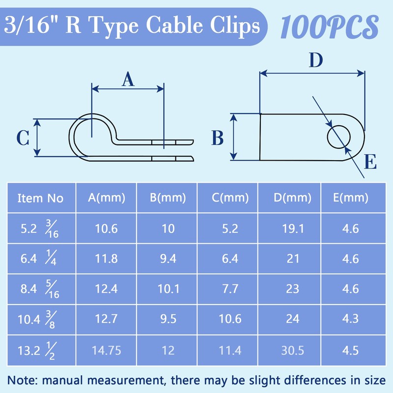 Pack of 100 R Type Cable Clips, 3/16 Inch Nylon