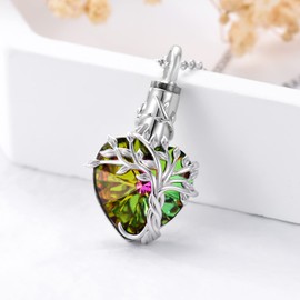 TOUPOP Heart Tree of Life Urn Necklace for Ashes Sterling Silver Cremation Jewelry Vitrail Medium Crystal with Funnel Filler Memorial Mothers Day Gifts for Women Mom Sister Friend