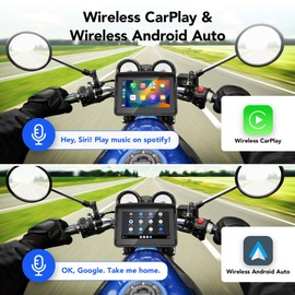 YCV Motorcycle Carplay Screen, Wireless CarPlay & Android Auto for Motorbike, Carplay Motorcycle GPS Navigation, 5" IP67 Waterproof Touchscreen, Dual Bluetooth, EQ, Support Siri and Google Assistant