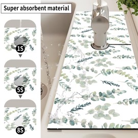 BSADKJFQO Absorbent Splash Guard Mat for Kitchen Sink, 15×5.5 Inch Cute Fast Drying Drip Catcher Behind Faucet Mat, Non-Slip, Washable Sink Mat Gadgets for Bathroom, Kitchen, Bar Green Leaves