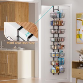 8-Tier Over the Door Pantry Organizer with Baskets, Metal Over the Door Hanging Spice Rack, Over Door Organizers and Storage, Spice Rack Organizer for Home & Kitchen Laundry Bathroom Essentials, Black