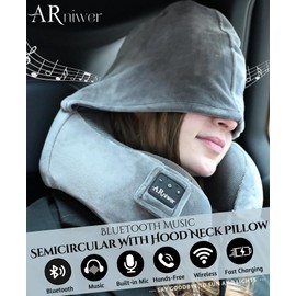 ARniwer Bluetooth Music Semicircular Neck Pillow with Hood Wireless Bluetooth Speaker Suitable Airplane,Car,Office,and Outdoor Camping for Sleeping, Resting The Best Travel Essentials. (Black)