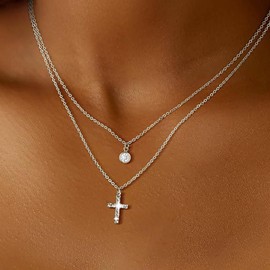 TseenYi CZ Cross Pendant Necklace Boho Cross Necklace Gold Layered Cross Choker Necklace Sparkling Crystal Pendant Layering Necklace Chain Jewellery for Women and Girls, Zinc