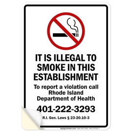 It Is Illegal To Smoke In This Establishment Rhode Island Sign, 10x7 Inches, 4 Mil Vinyl Decal Stickers Weather Resistant, Made in USA by My Sign Center