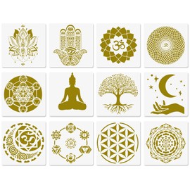 Sacred Geometry Stencils, 12 Pcs Yoga Stencils, Om Sacred Lotus Chakra The Flower of Life Mandala Hamsa Hand Sun Moon Spiritual Symbols Meditation Stencils for Painting on Wood Fabric Walls 10"x10"