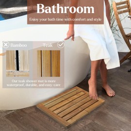 Perfnique Teak Shower Mat, Foldable Wood Bath Mat, Non-Slip Shower Mats for Bathroom&Bathtub, Sturdy Wooden Bath Mat for Spa Home or Outdoor (21''x14'')