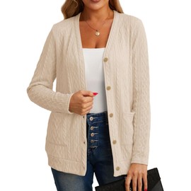 GRECERELLE Womens Cardigan Long Sleeve Lightweight Cardigans Button Down V Neck Ribbed Knit Outerwear Open Front Tops with Pocket for Ladies (Apricot, XL)