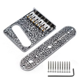 TUOREN Set of Carved Pattern 6 String Roller Saddle Bridge Plate 3 Way Switch Control Plate Compatible with Tele Telecaster Style Electric Guitar (Silver)