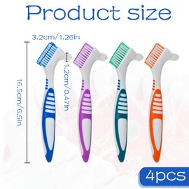 Pack of 4 Denture Toothbrushes, Denture Brush, with Multilayer Bristles and Ergonomic Rubber Handle, Portable Double-Sided Denture Brush for Denture Care (4 Colours)