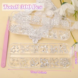 300 Pcs Silver Nail Charms and Gems, Butterfly Nails Charms Butterflies Bow Cross Star Moon Hollow Mix Rivet Nail Art Studs 3D Silver Butterfly Charms for Nail DIY