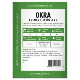 Gardeners Basics, Okra Seeds for Planting - Clemson Spinless Heirloom, Non-GMO Vegetable Variety- 3 Grams Seeds Great for Summer Gardens