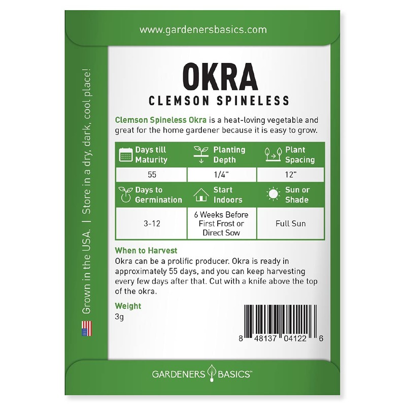 Gardeners Basics, Okra Seeds for Planting - Clemson Spinless Heirloom,