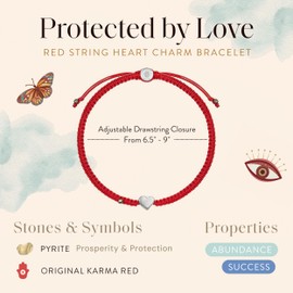 KARMA AND LUCK Red String Lucky Bracelet with Sterling Silver Heart Charm & Pyrite Stone, Adjustable Red Thread Protection Bracelet for Women, Handmade in Bali, Size 6''-8''