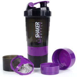 XSUPER Protein Shaker Bottle 16oz 3 Layer Twist Off Shaker Cup with Pill & Supplement Storage, Gym & Sports Shaker Water Bottle with Mixing Ball, Leak Proof Shaker for Protein Shakers (Purple)