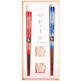 Hashikura Matsukan S-12188 Chopsticks, Dishwasher-Safe, Husband and Wife Chopsticks, Natural Wood, Pair Set, 9.1 inches (23 cm), 8.5 inches (21.5 cm), Chopsticks Rest Included, Sakura Sakura Karen