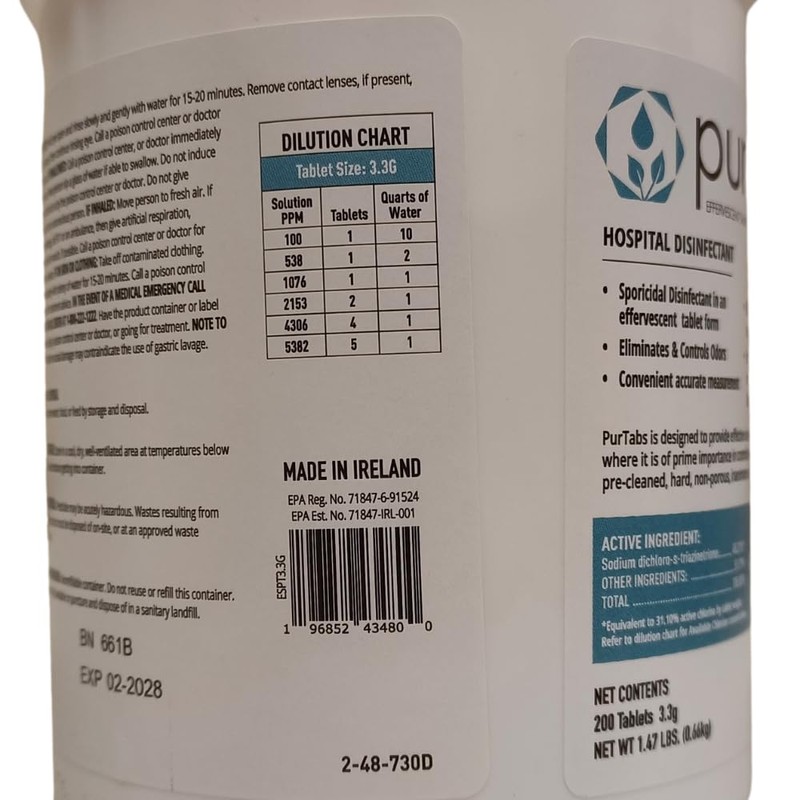 PurTabs 3.3 gram Sporicidal NaDCC Tablet Disinfectant - Multipurpose, Concentrated