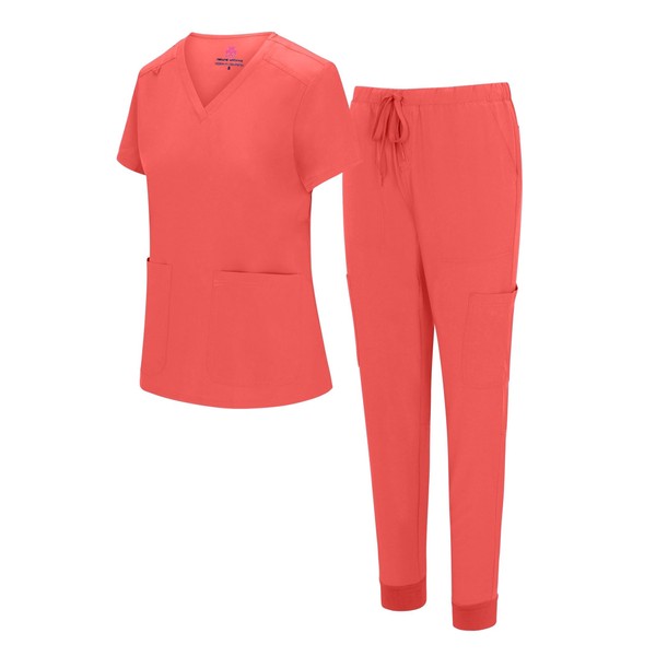 Natural Uniforms Womens Essential Cool Stretch Jogger Scrub Set (Coral,
