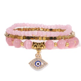 3pcs Evil Eye Bracelets For Women Men，Beaded Natural Stone Lucky Charm Dainty Funny Protection Cool Couple Friendship Bracelets For Women Men Jewelry (76-pink)