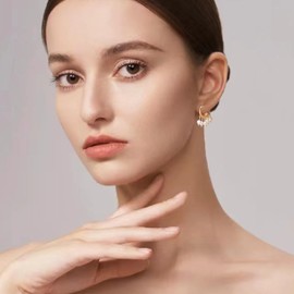 Sonateomber Gold Freshwater Pearls Dangle Drop Hoop Earrings for Women, Cute Pearl Dangling Huggie Hypoallergenic Earring Jewelry Gift