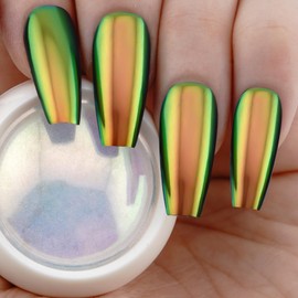 Aurora Chrome Nail Powder, Iridescent Mermaid Color Shift Glitter Metallic Mirror for Nail Art Pearl White Pigment 0.5g with Nail Applicator