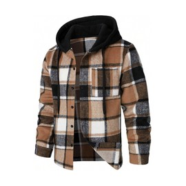 ZAFUL Men's Hooded Flannel Shirts Long Sleeve Casual Fashion Button Shirts Loose Drawstring Shacket Brown Plaid XL