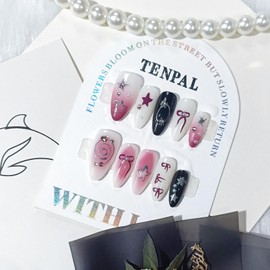 TENPAL Hot Pink Nails Handmade Press On Nails Almond Glitter Gradient Fake Nails Press ons Acrylic Y2k False Nails With Star Bow Tie Designs Metallic Artificial Nails 10pcs/Box Ballet Glue on Nails(L)