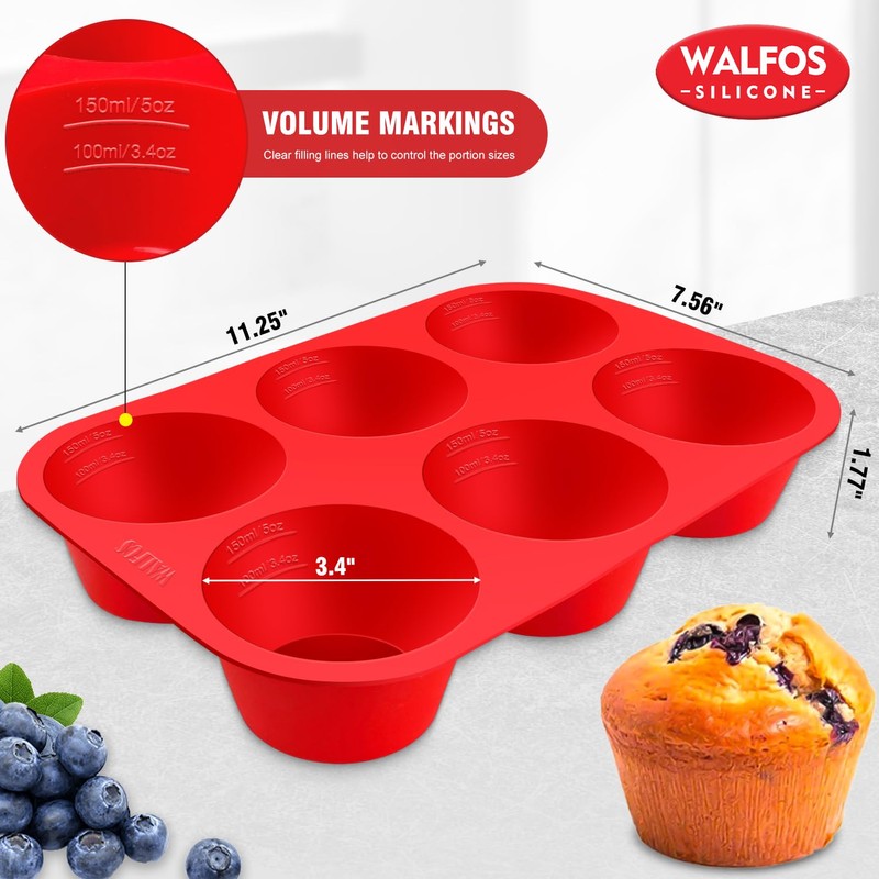 Walfos Silicone Texas Muffin Pan - 6 Cup Jumbo Silicone