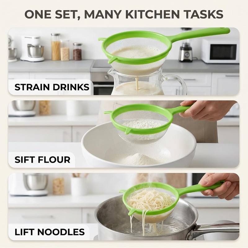 3 Pcs/Set Green Flour Sifter with Long Handle, Hangable Flour