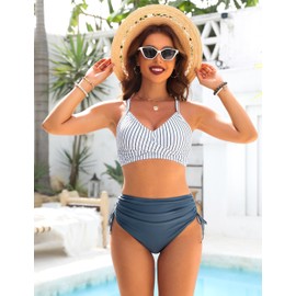 Blooming Jelly Womens High Waisted Bikini Sets Tummy Control Swimsuits Crisscross 2 Piece Bathing Suit (XX-Large, Blue)