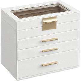 SONGMICS Caja de Joyas,Caja Joyero de 4 Niveles,Estuche de Joyería,3 Cajones,Tapa de Cristal,Amplio Espacio,Blanco Nube y Dorado MJBC161W01.